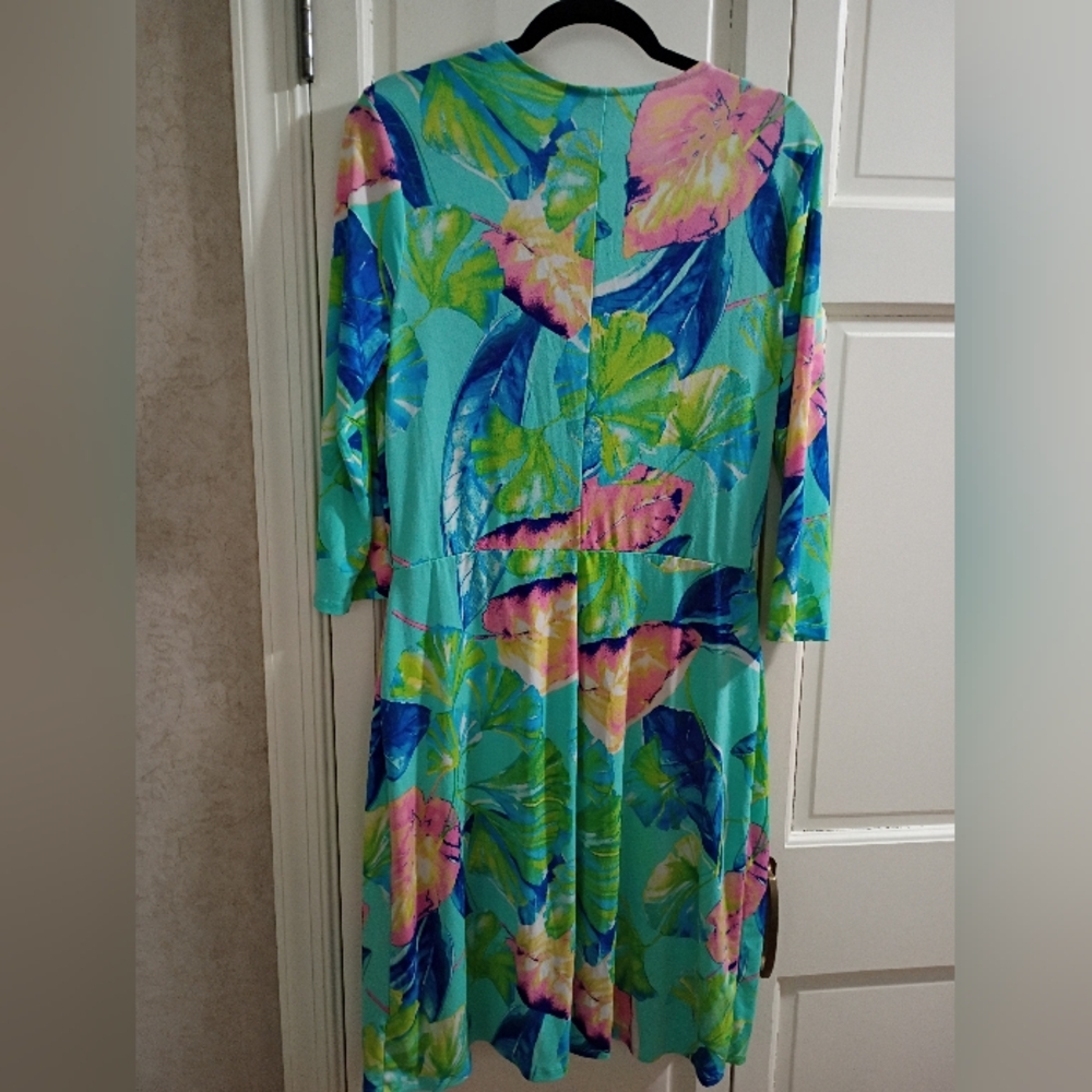 BOLD  Floral Wrap Dress - Aqua, Blue & Green.Pit To Pit 21". Length 41' - Picture 2 of 5